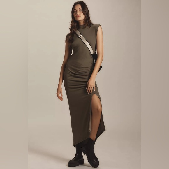 NWT! Dark Green Daily Practice by Anthropologie Mock-Neck Ruched Midi Dress 🐬 - Picture 1 of 7